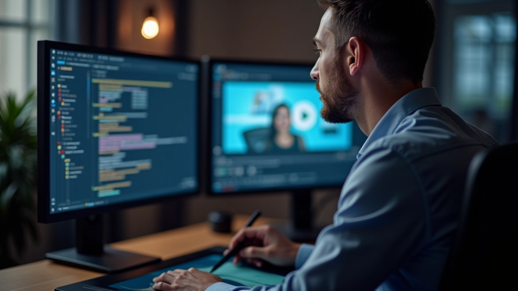 Animator sitzt vor Computer-Monitor mit Design-Software und Grafik-Tablet zur Videoproduktion