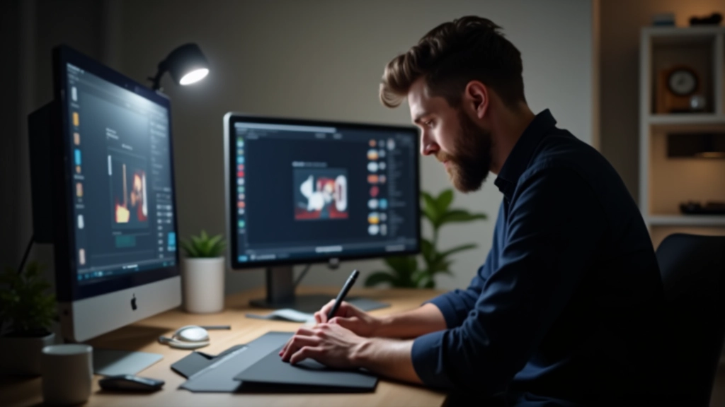 Animator bei der Arbeit am Computer mit Grafik-Tablet und Design-Software für Videoanimation