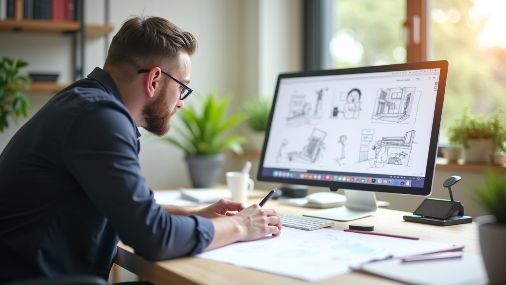 Designer bei der Planung von Animationssequenzen mit Storyboard und Skizzen auf dem Schreibtisch