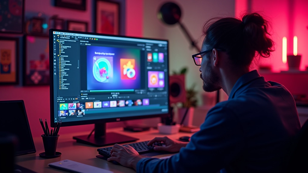 Video-Editor mit Motion Graphics: Icons, Text und Shapes werden animiert und überlagert auf dem Monitor gezeigt
