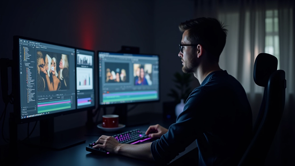 Video-Editor bei der Bearbeitung von Footage auf mehreren Bildschirmen mit Schnitt-Software und Effekten