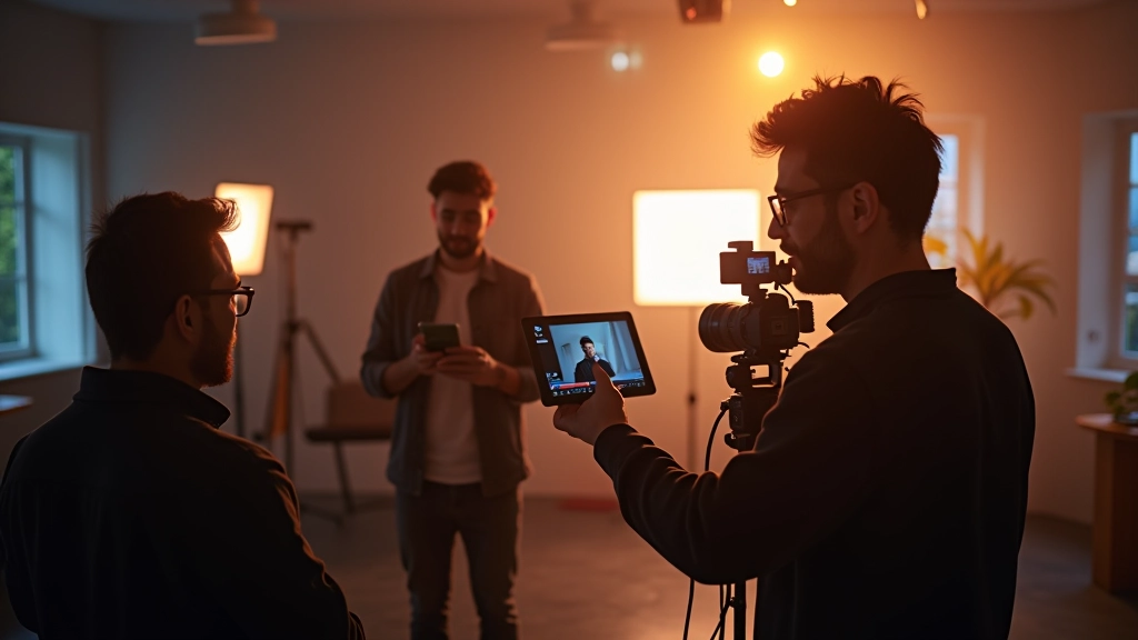Videoproduktionsteam bei der Arbeit in modernem Studio mit Kameras und Beleuchtung
