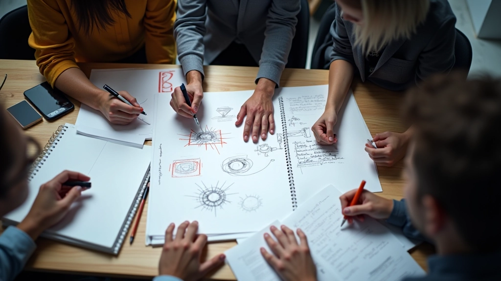 Videoproduktionsteam bei der Planung eines Storyboards im Studio mit Notizen und Skizzen